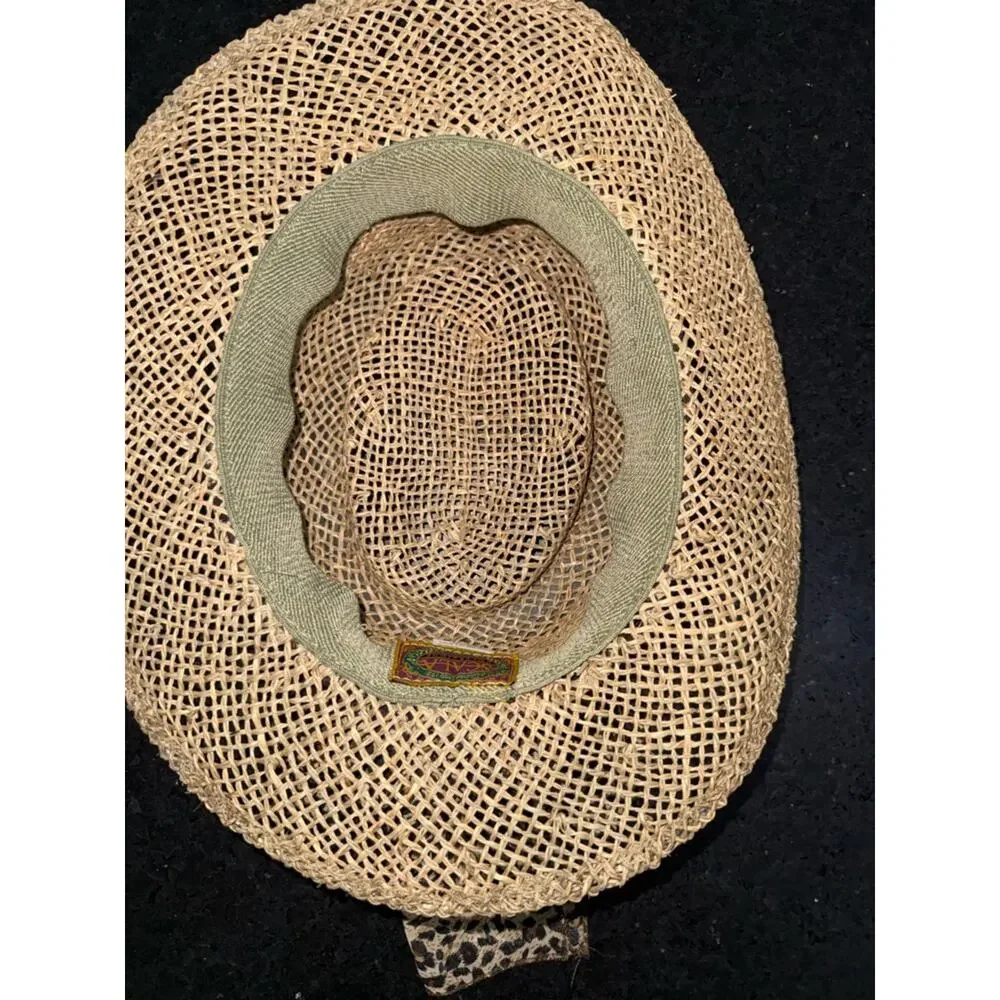 VINTAGE SCALA Natural seagrass straw gambler hat leopard print sash bow